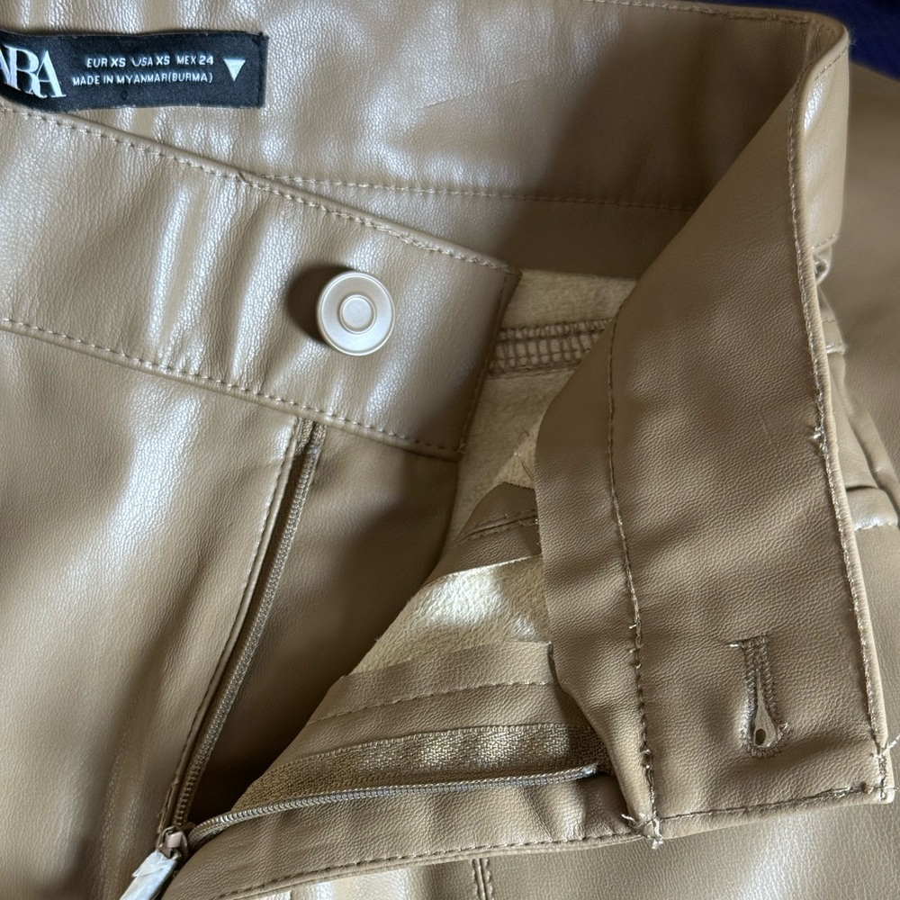 Zara Camel High-Waisted Faux Leather Flare Pants Chic Retro Wide Leg Trousers-XS - Picture 13 of 14